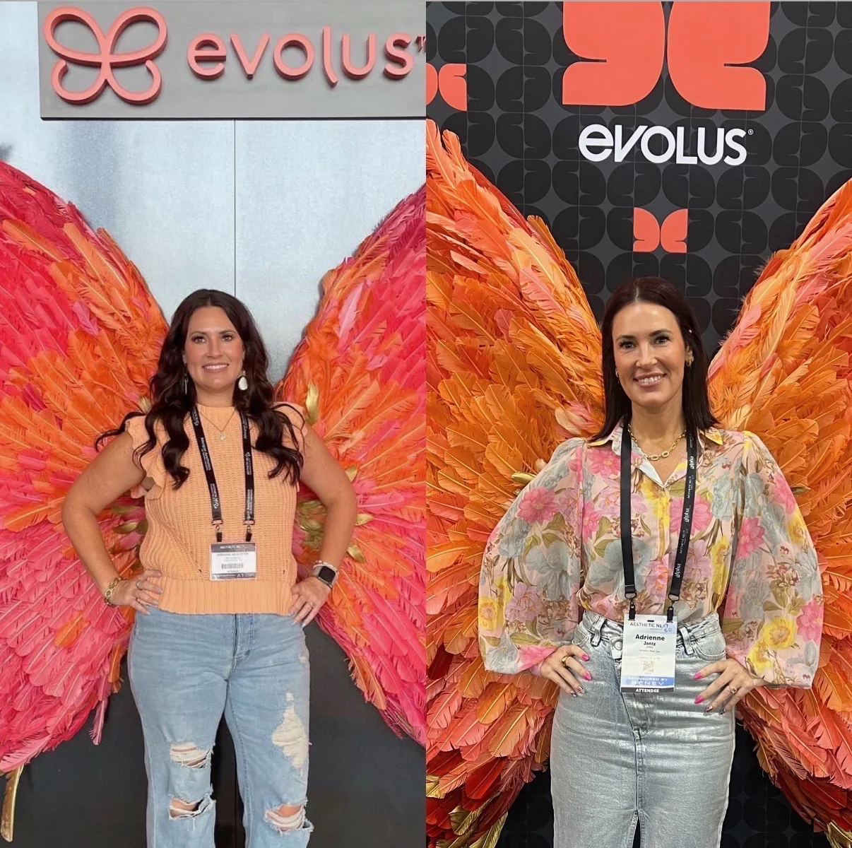 Adrienne Jantz before and after her own GLP weight loss program, standing at a conference booth