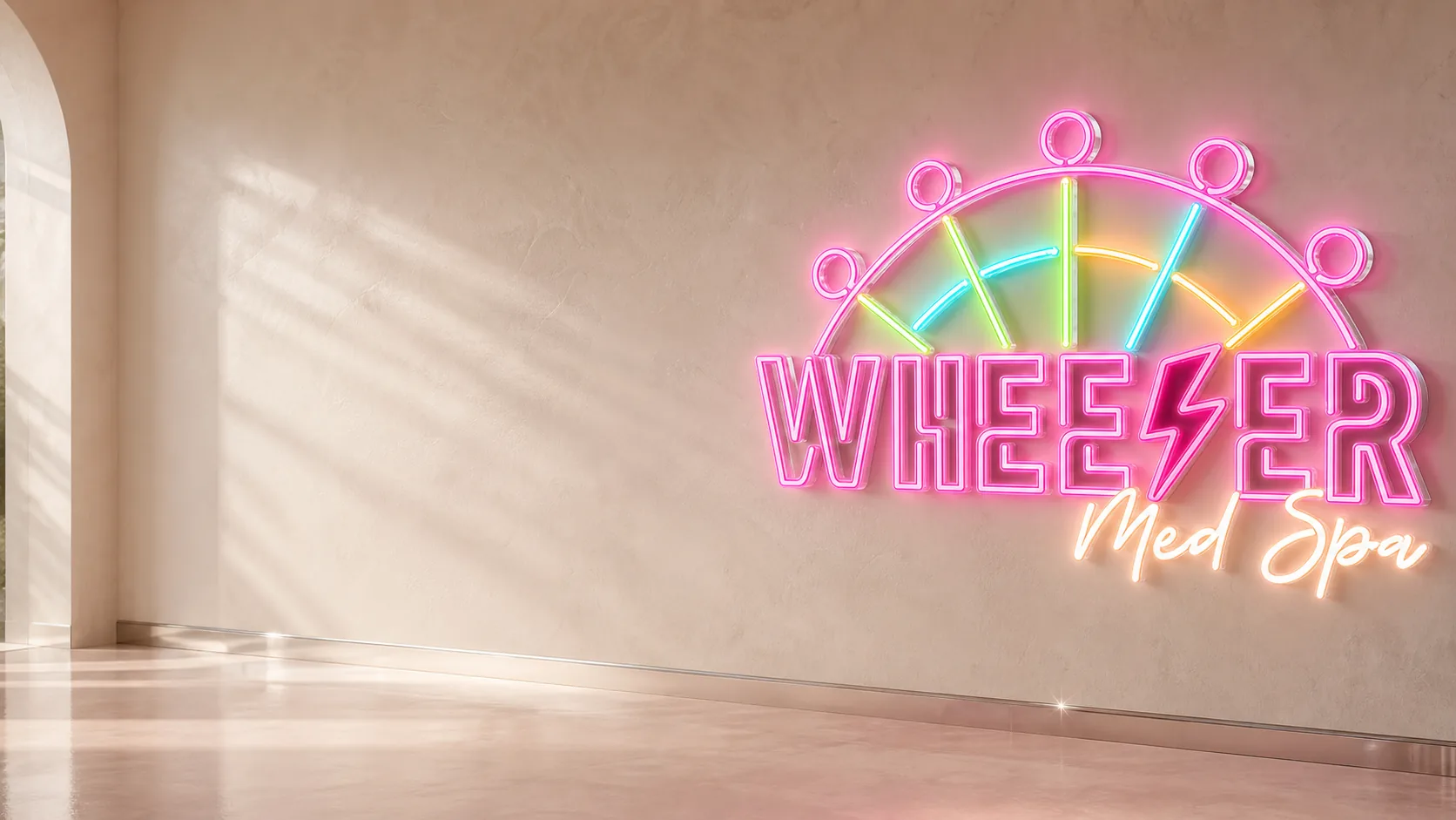 The neon wall inside the spa