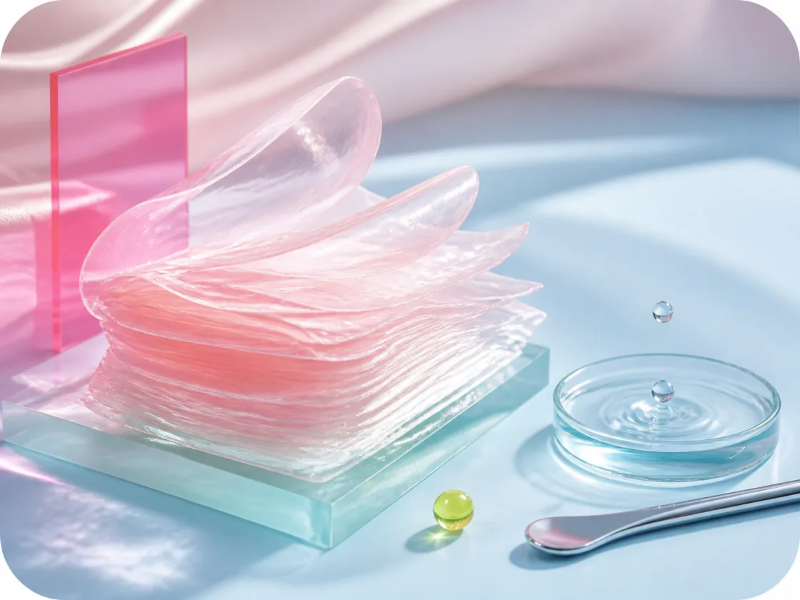 A stack of translucent pink and clear sheet masks resting on a pale glass slab, beside a shallow dish of water and a steel spatula