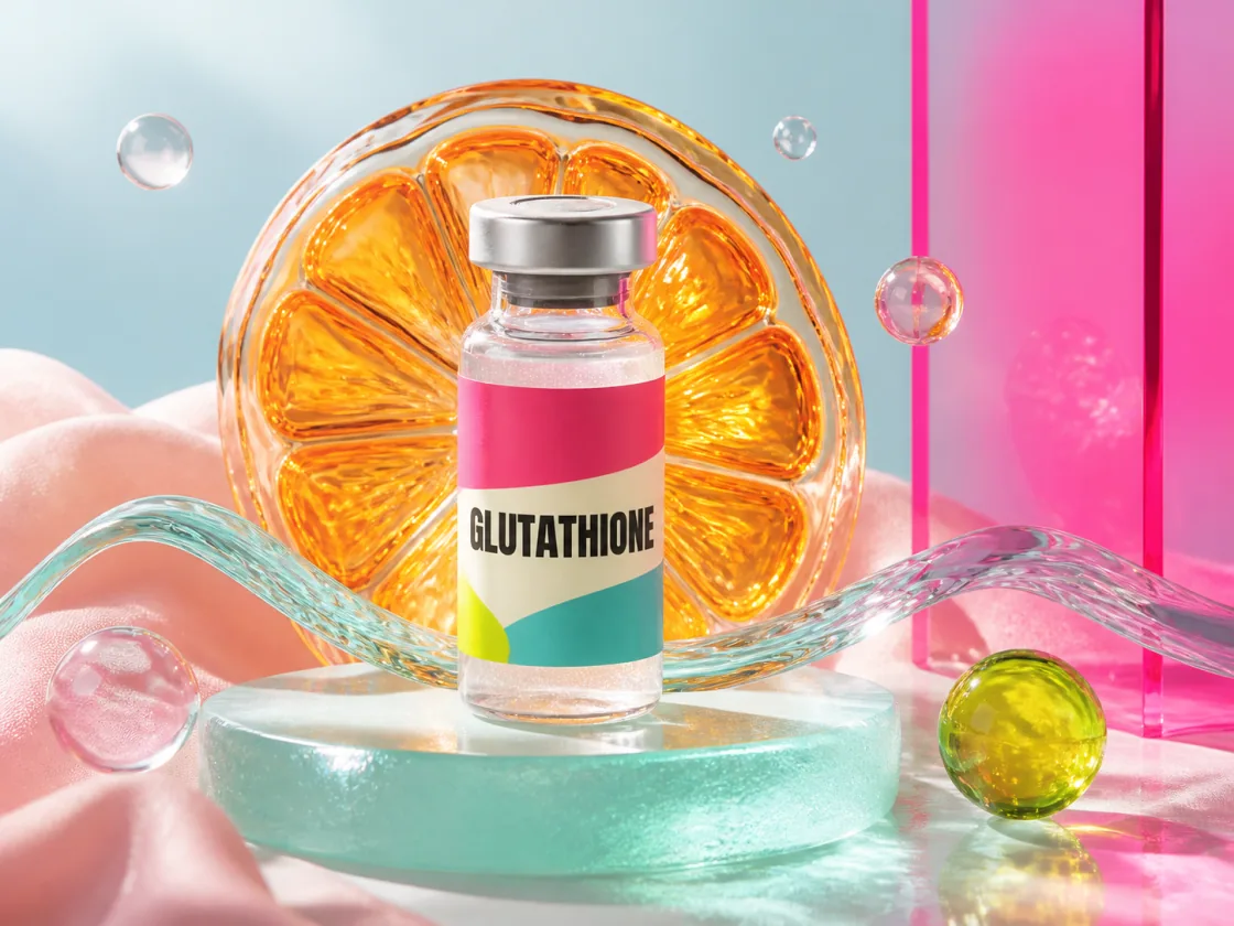 A glass vial labelled Glutathione standing on a mint glass disc, backed by a glowing amber citrus slice and a magenta acrylic panel