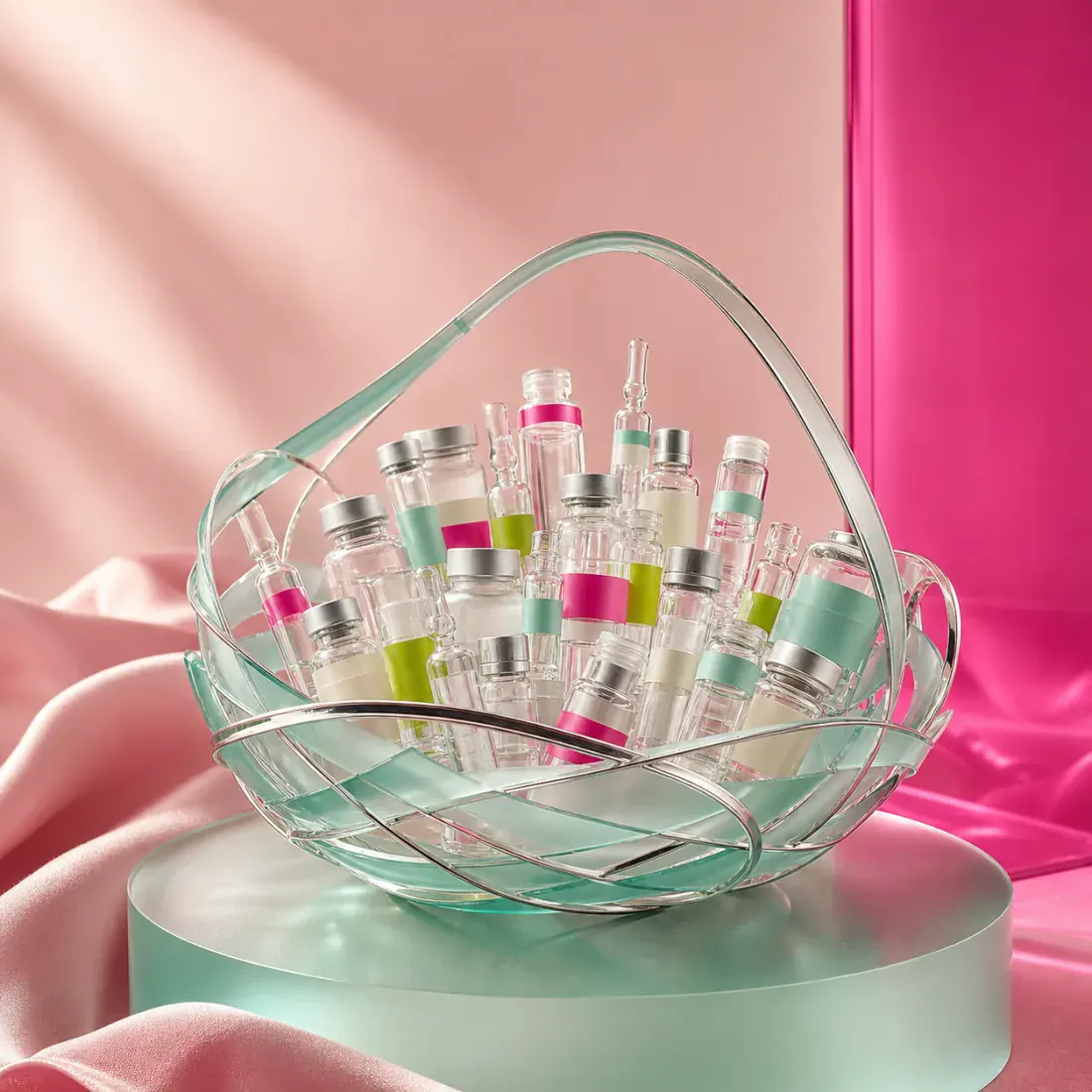 Unlabelled glass vials and ampoules gathered in a silver wire basket on frosted mint glass